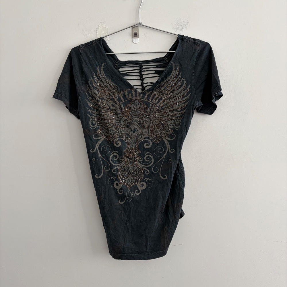 Affliction Womens Black Graphic T-Shirt Studded Wing Cross Distressed Back